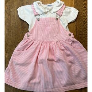 Vintage Oshkosh B’Gosh Bib Dress Set Pink Railroad White Collar T-Shirt Sz 4T